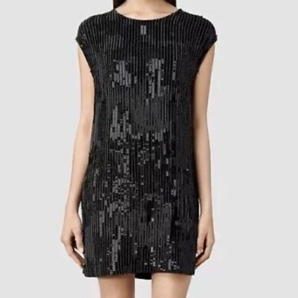 All Saints Mabli Hand Embellished Cocktail Dress Sz 0-6 Black Sequins